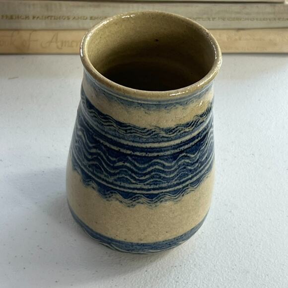 Studio Art Pottery Handmade Jar Vase Signed Ivory Blue Striped Zig Zag 5.5” - Picture 2 of 14